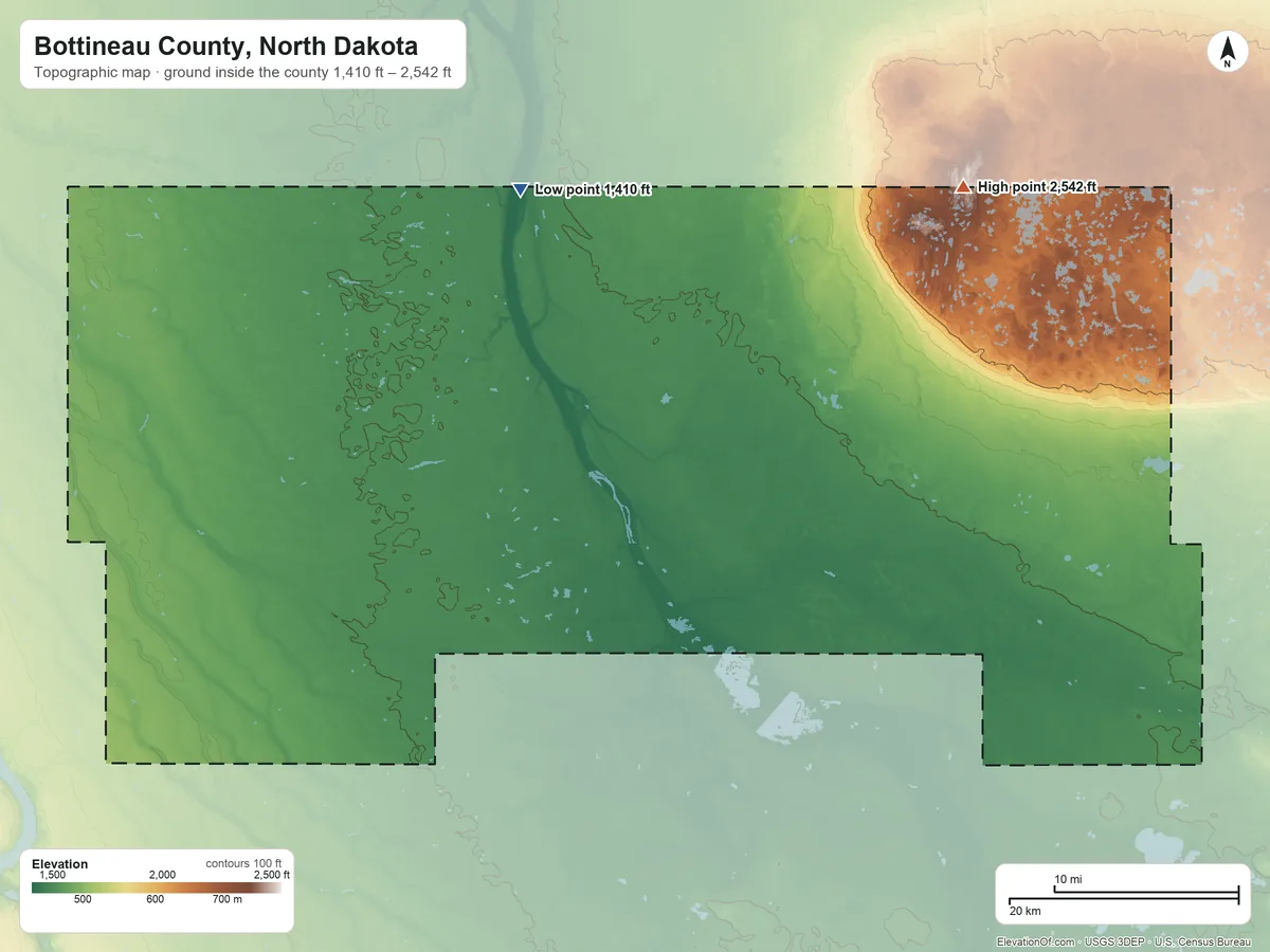 Topographic elevation map of Bottineau County, North Dakota, shaded from 1,410 ft on the north side to 2,542 ft on Boundary Butte