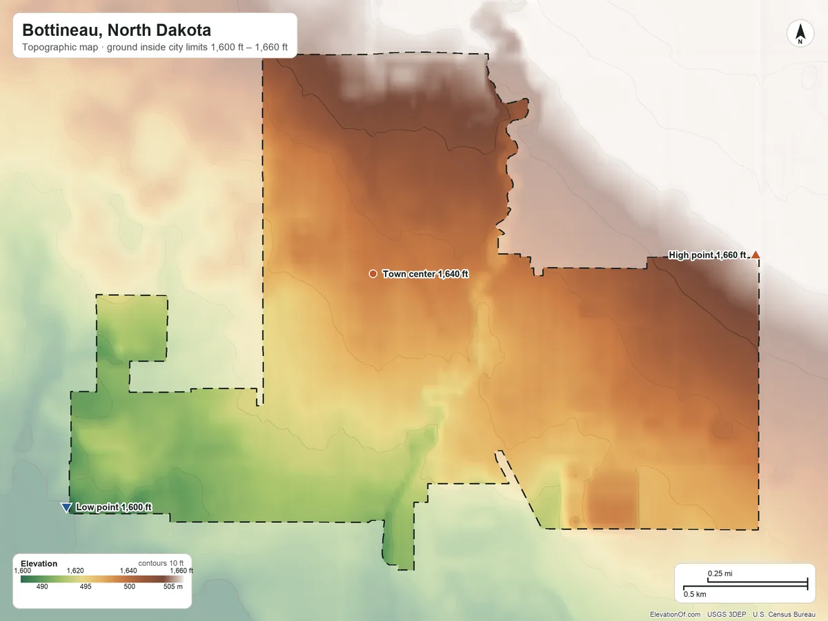 Topographic elevation map of Bottineau, North Dakota, shaded from 1,600 ft on the southwest side to 1,660 ft on the east side