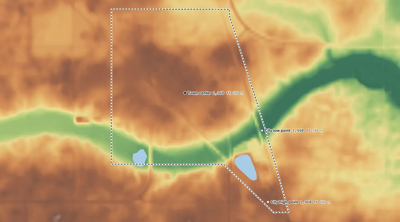Topographic elevation map of Bowbells, North Dakota, shaded from 1,940 ft on the southeast side to 1,960 ft on the southeast side