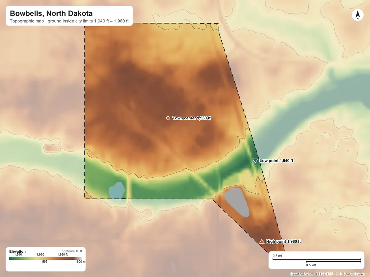 Topographic elevation map of Bowbells, North Dakota, shaded from 1,940 ft on the southeast side to 1,960 ft on the southeast side