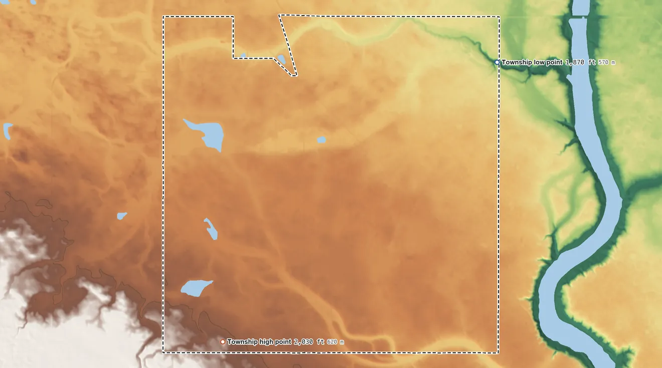 Topographic elevation map of Bowbells Township, North Dakota, shaded from 1,870 ft on the northeast side to 2,030 ft on the southwest side