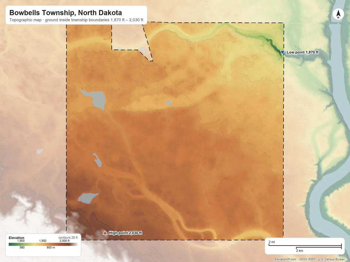 Topographic elevation map of Bowbells Township, North Dakota, shaded from 1,870 ft on the northeast side to 2,030 ft on the southwest side