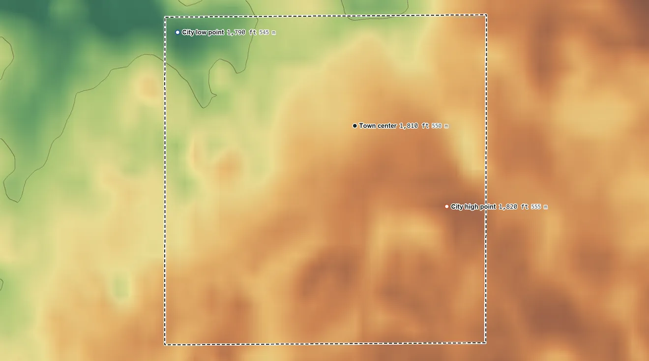 Topographic elevation map of Bowdon, North Dakota, shaded from 1,790 ft on the northwest side to 1,820 ft on the southeast side