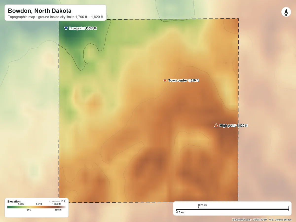 Topographic elevation map of Bowdon, North Dakota, shaded from 1,790 ft on the northwest side to 1,820 ft on the southeast side