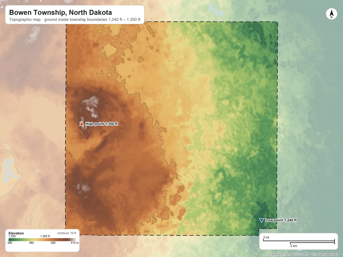 Topographic elevation map of Bowen Township, North Dakota, shaded from 1,240 ft on the southeast side to 1,350 ft on the northwest side