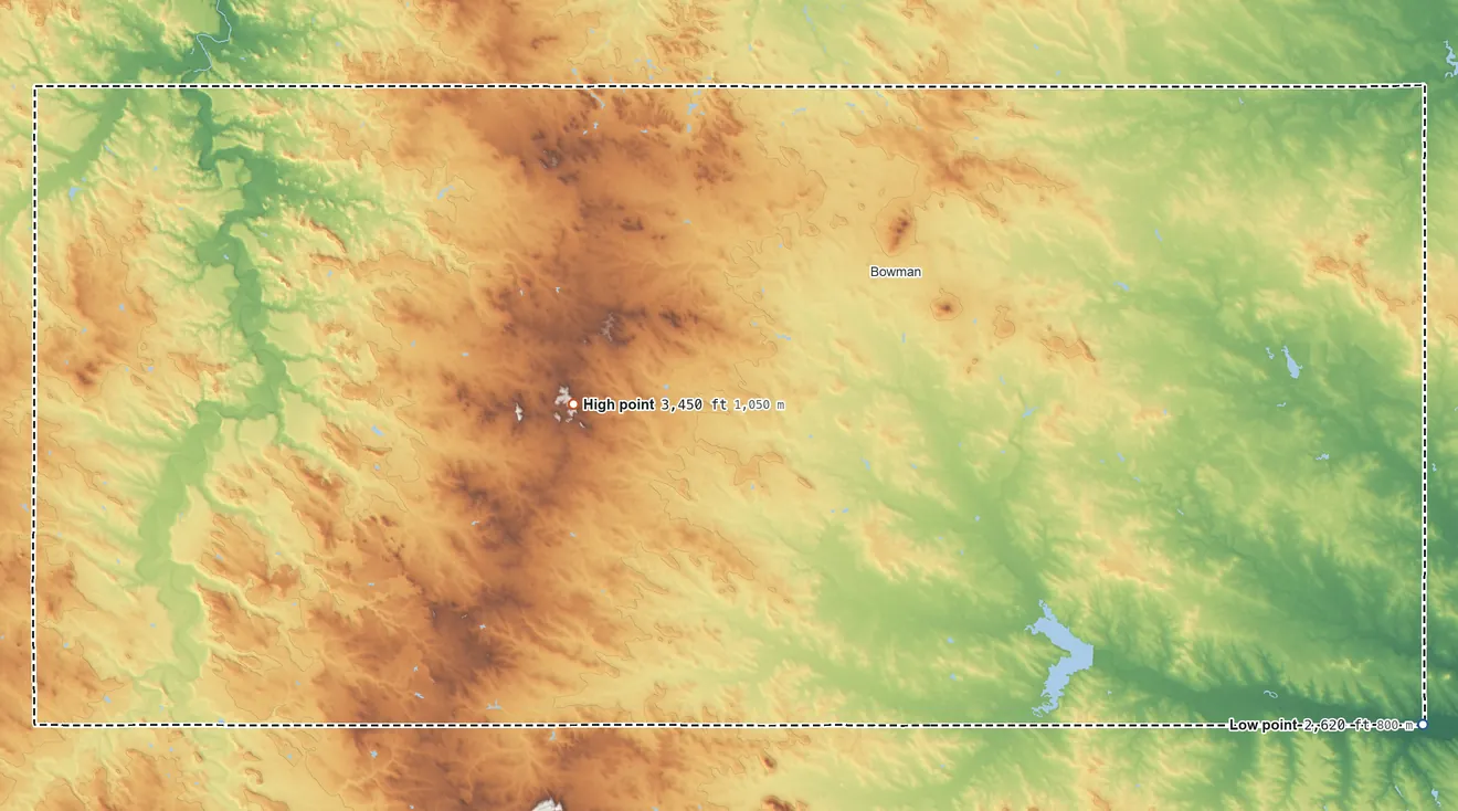 Topographic elevation map of Bowman County, North Dakota, shaded from 2,620 ft on the southeast side to 3,450 ft on the west side