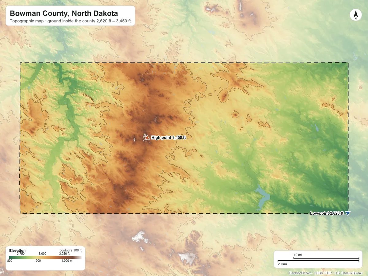 Topographic elevation map of Bowman County, North Dakota, shaded from 2,620 ft on the southeast side to 3,450 ft on the west side