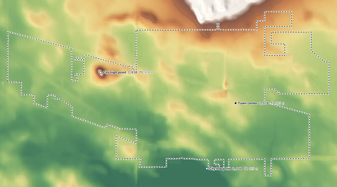 Topographic elevation map of Bowman, North Dakota, shaded from 2,940 ft on the southwest side to 3,030 ft on the west side