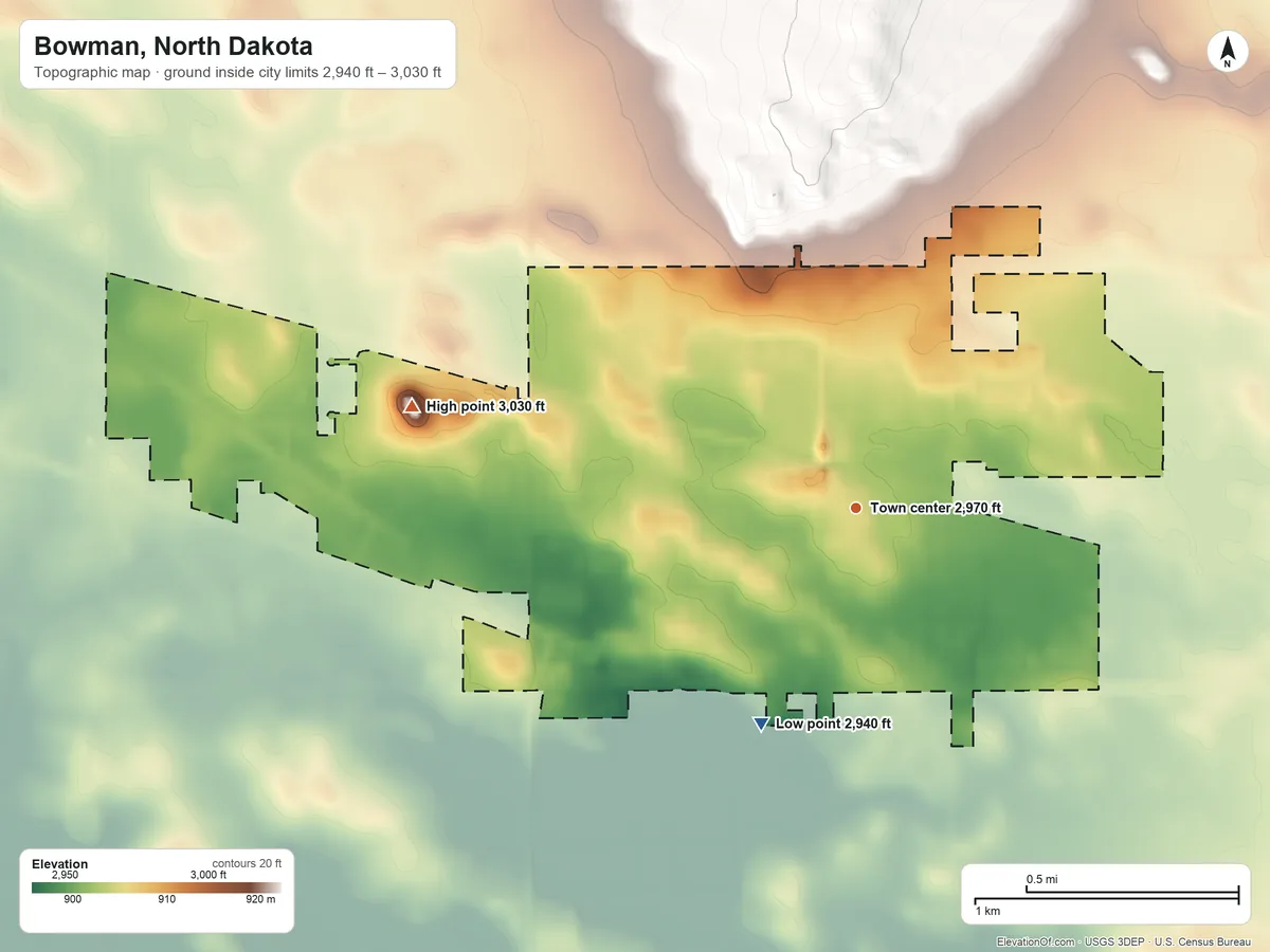 Topographic elevation map of Bowman, North Dakota, shaded from 2,940 ft on the southwest side to 3,030 ft on the west side
