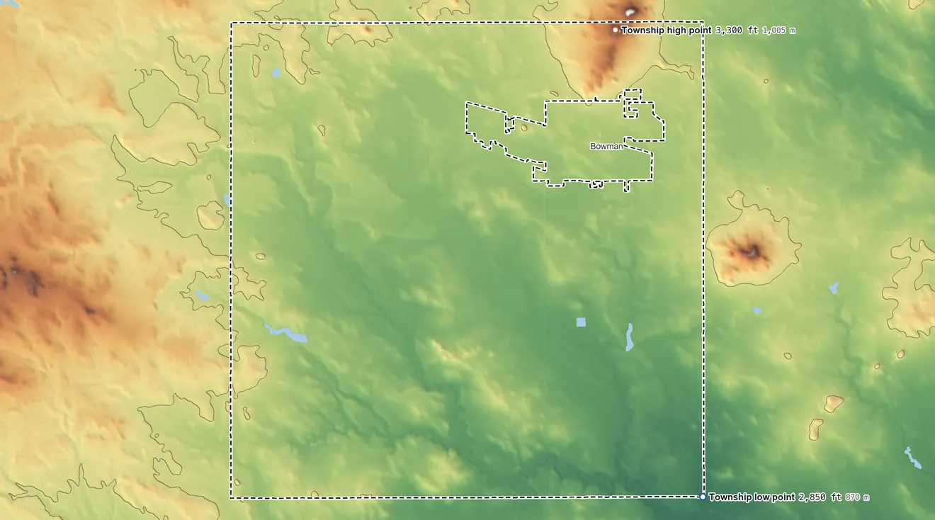 Topographic elevation map of Bowman Township, North Dakota, shaded from 2,850 ft on the south side to 3,300 ft near the middle