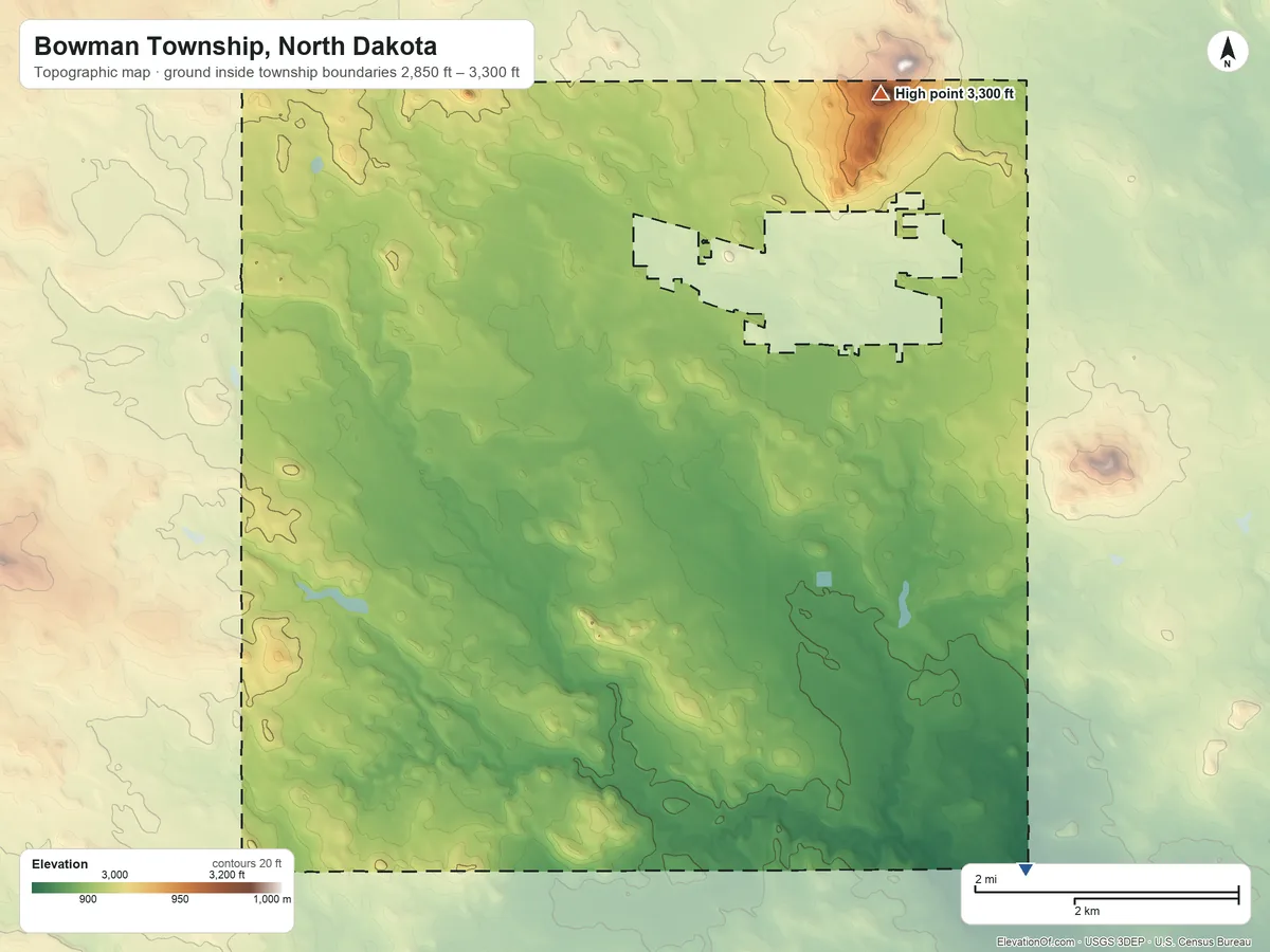 Topographic elevation map of Bowman Township, North Dakota, shaded from 2,850 ft on the south side to 3,300 ft near the middle