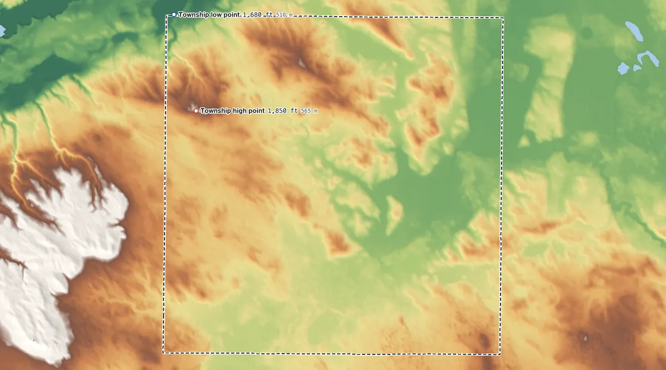 Topographic elevation map of Boyd Township, North Dakota, shaded from 1,680 ft on the northwest side to 1,850 ft on the northwest side