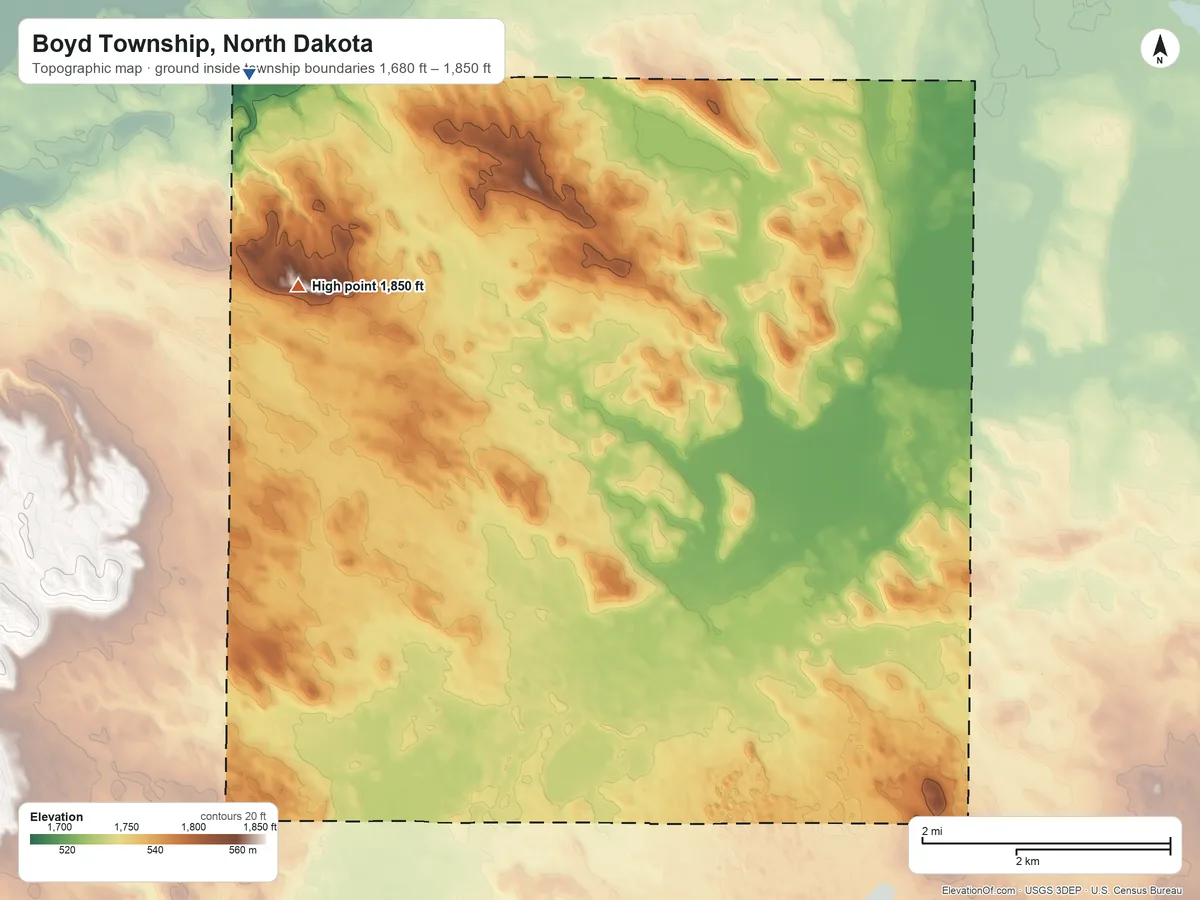 Topographic elevation map of Boyd Township, North Dakota, shaded from 1,680 ft on the northwest side to 1,850 ft on the northwest side