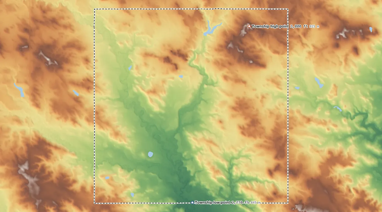Topographic elevation map of Boyesen Township, North Dakota, shaded from 2,770 ft on the south side to 3,000 ft on the northeast side