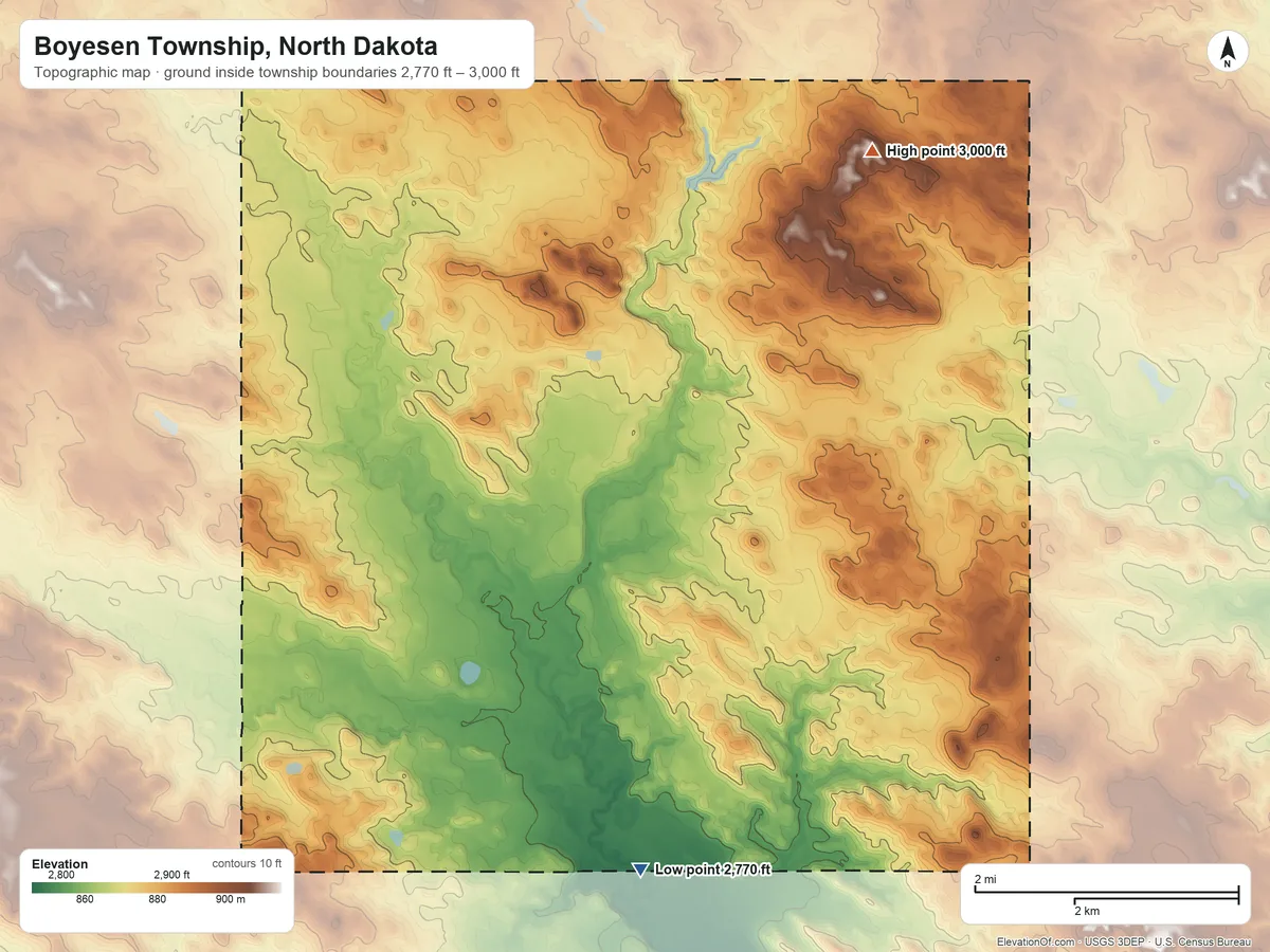 Topographic elevation map of Boyesen Township, North Dakota, shaded from 2,770 ft on the south side to 3,000 ft on the northeast side