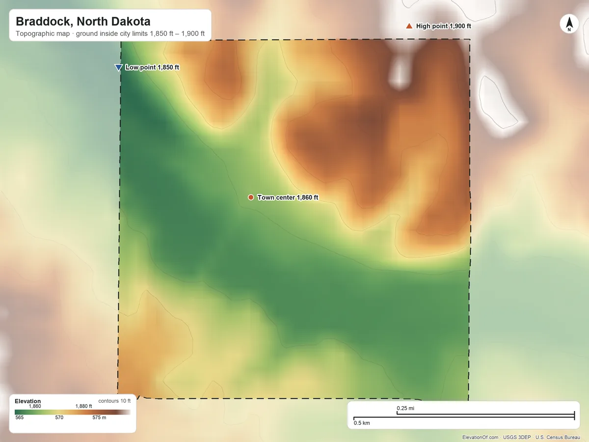 Topographic elevation map of Braddock, North Dakota, shaded from 1,850 ft on the northwest side to 1,900 ft on the northeast side