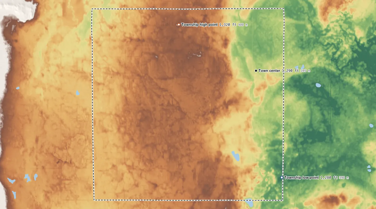 Topographic elevation map of Brampton Township, North Dakota, shaded from 1,280 ft on the south side to 1,320 ft on the northwest side