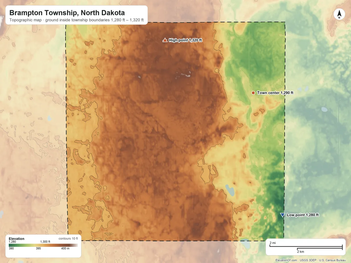 Topographic elevation map of Brampton Township, North Dakota, shaded from 1,280 ft on the south side to 1,320 ft on the northwest side