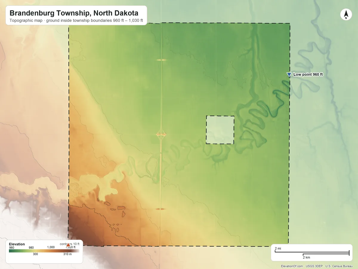 Topographic elevation map of Brandenburg Township, North Dakota, shaded from 960 ft on the northeast side to 1,030 ft on the southwest side