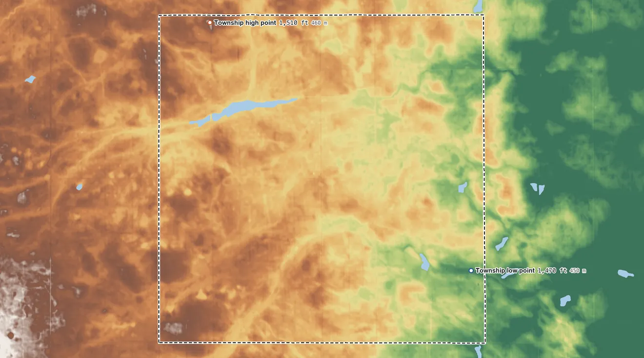 Topographic elevation map of Brander Township, North Dakota, shaded from 1,470 ft on the southeast side to 1,510 ft on the northwest side