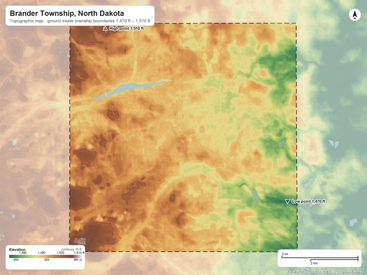 Topographic elevation map of Brander Township, North Dakota, shaded from 1,470 ft on the southeast side to 1,510 ft on the northwest side