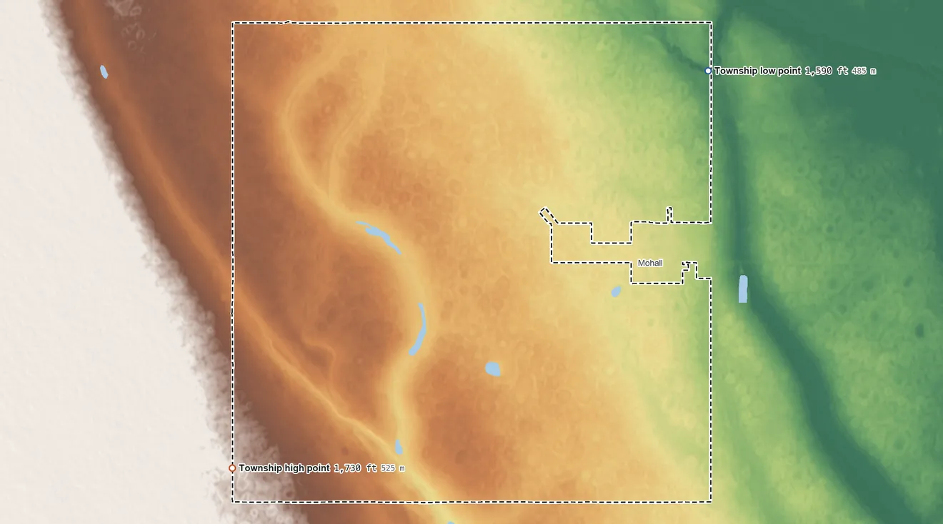 Topographic elevation map of Brandon Township, North Dakota, shaded from 1,590 ft on the northeast side to 1,730 ft on the southwest side