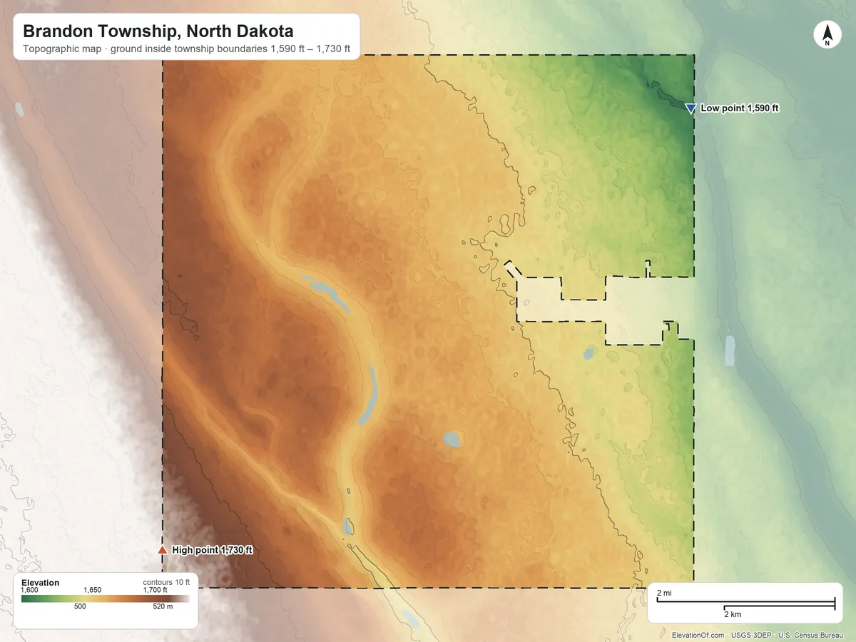 Topographic elevation map of Brandon Township, North Dakota, shaded from 1,590 ft on the northeast side to 1,730 ft on the southwest side