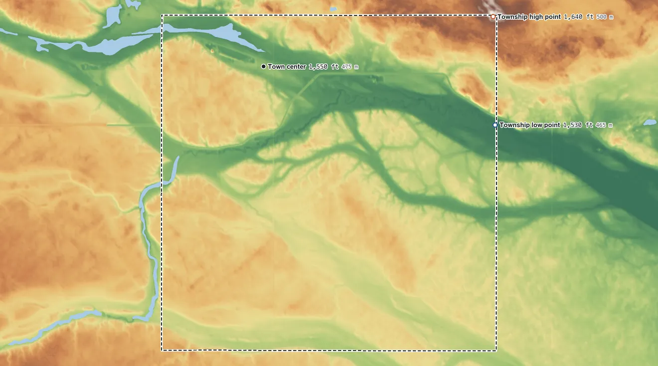 Topographic elevation map of Bremen Township, North Dakota, shaded from 1,530 ft on the east side to 1,640 ft on the east side