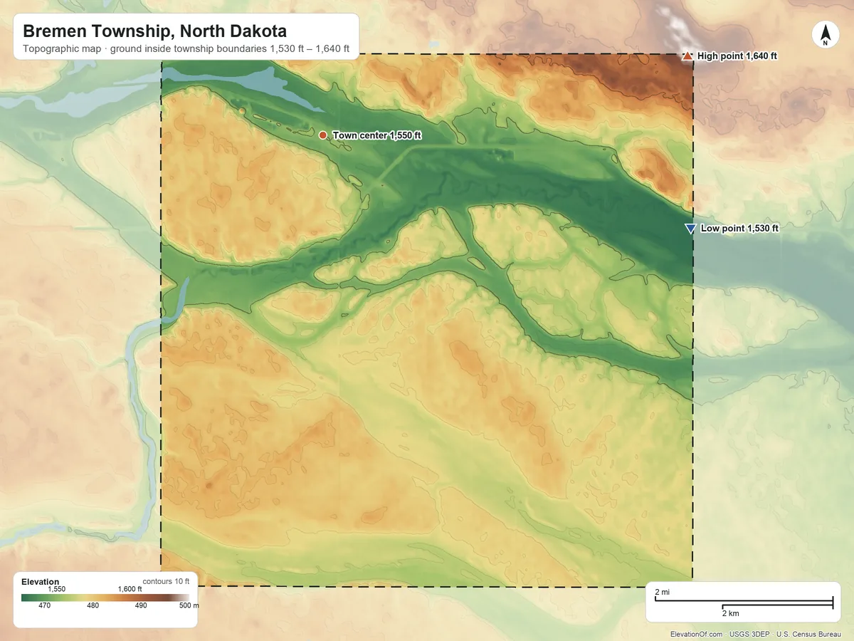 Topographic elevation map of Bremen Township, North Dakota, shaded from 1,530 ft on the east side to 1,640 ft on the east side