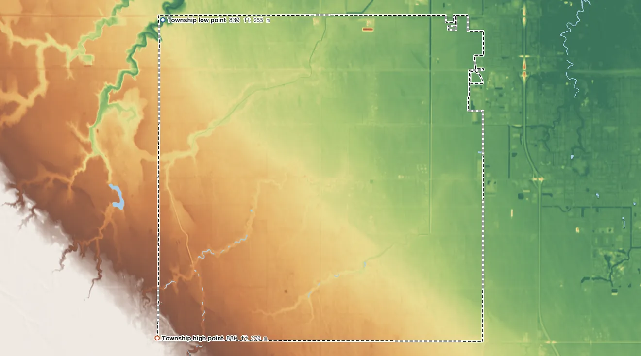 Topographic elevation map of Brenna Township, North Dakota, shaded from 830 ft on the northwest side to 880 ft on the southwest side