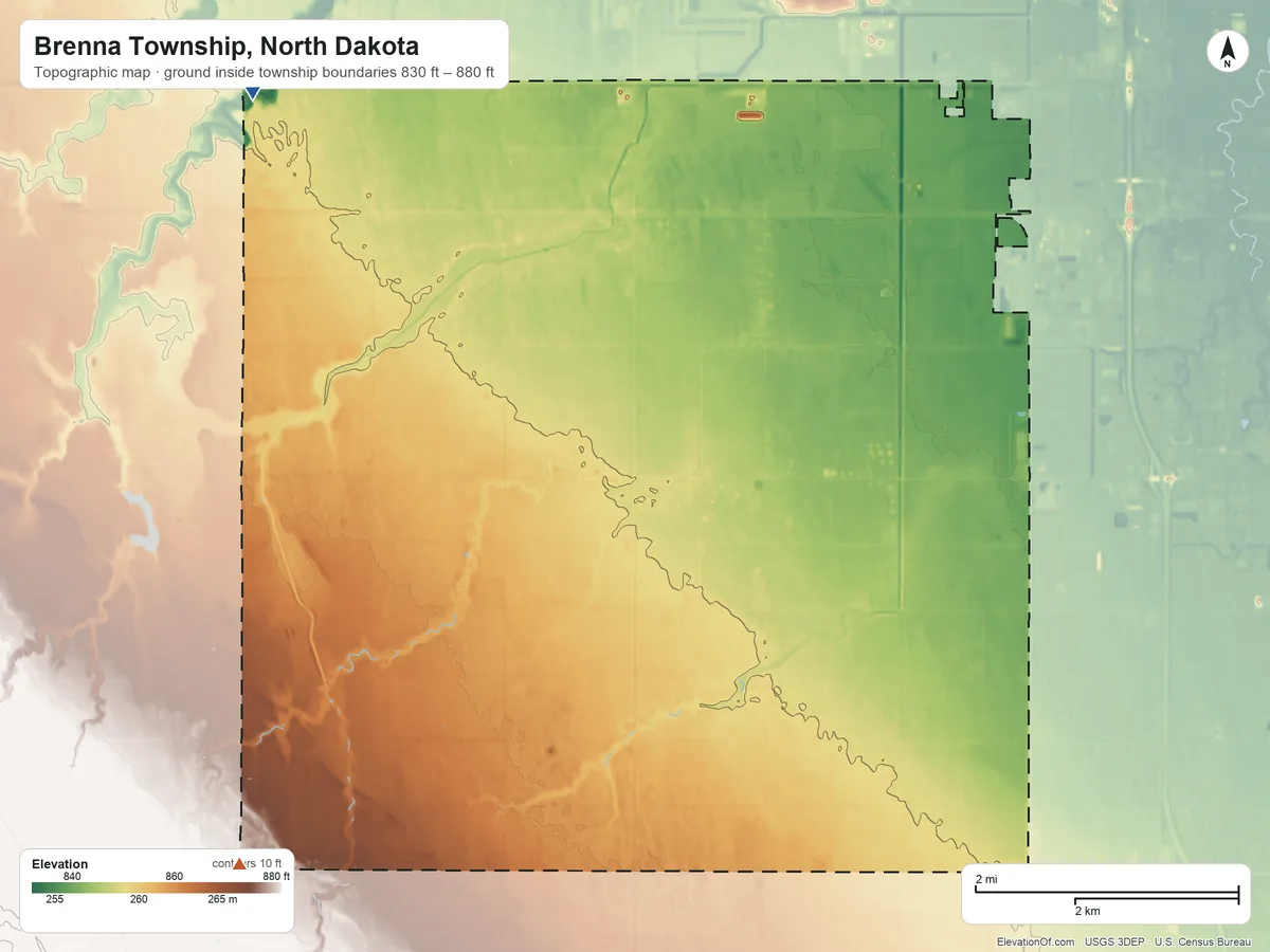 Topographic elevation map of Brenna Township, North Dakota, shaded from 830 ft on the northwest side to 880 ft on the southwest side
