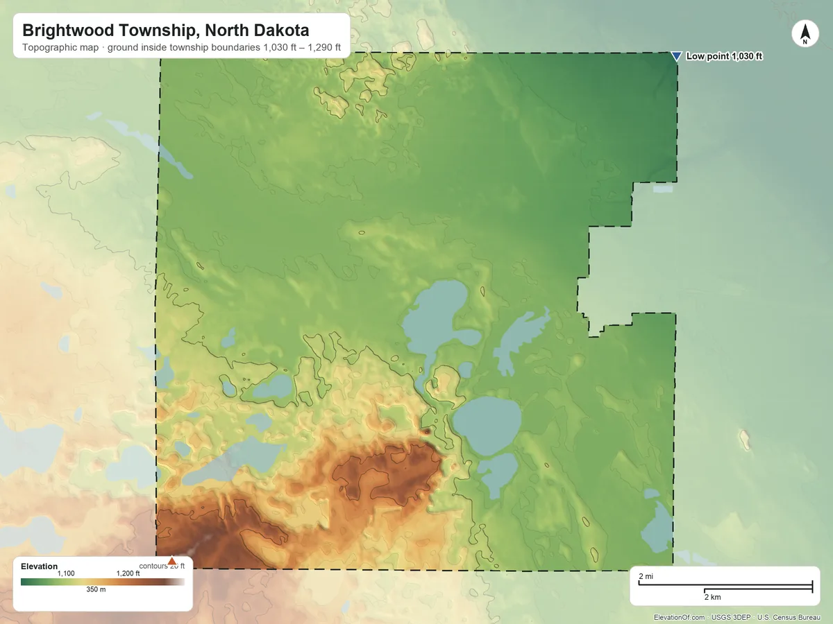 Topographic elevation map of Brightwood Township, North Dakota, shaded from 1,030 ft on the northeast side to 1,290 ft on the southwest side