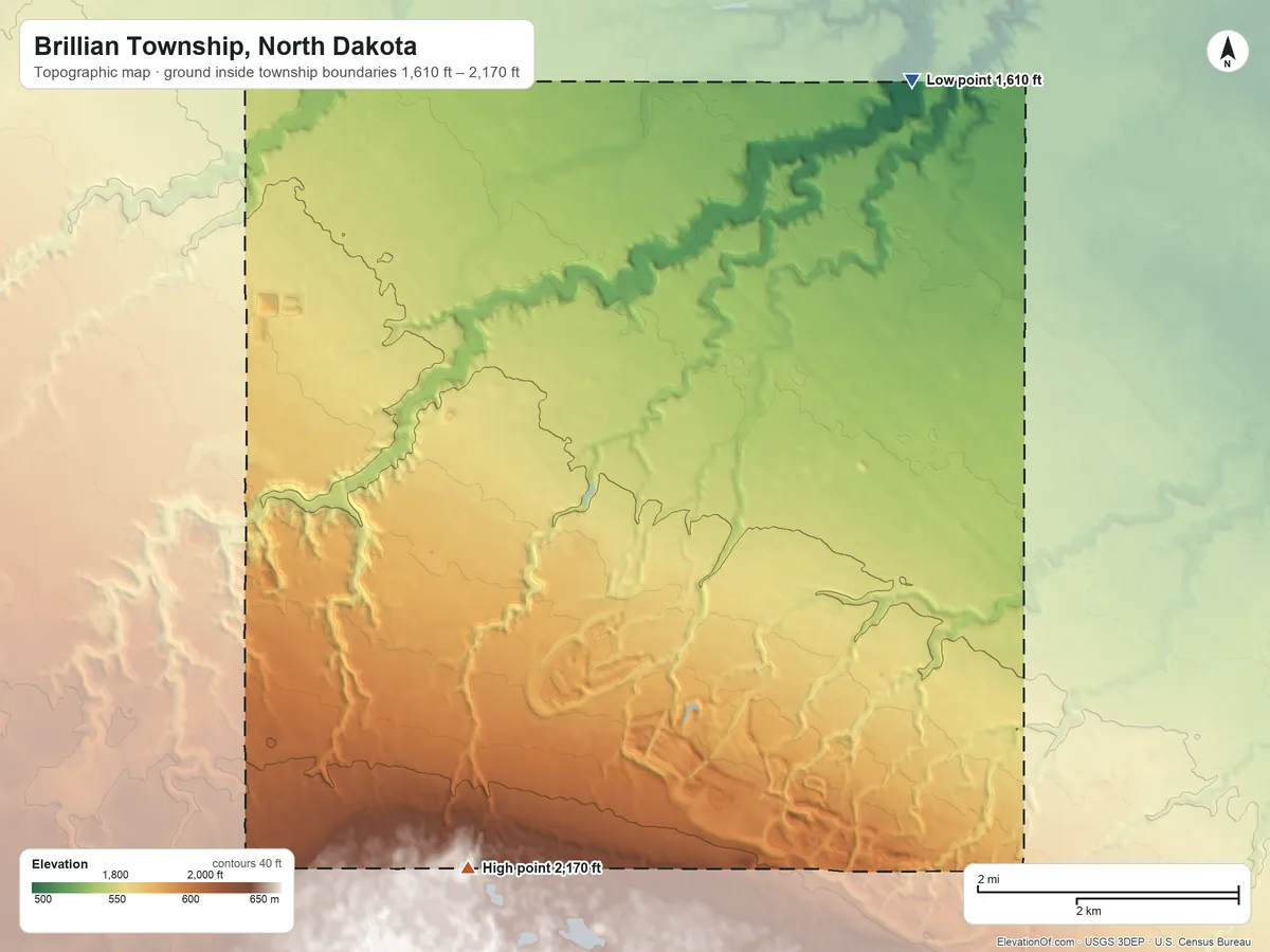 Topographic elevation map of Brillian Township, North Dakota, shaded from 1,610 ft on the northeast side to 2,170 ft on the southwest side