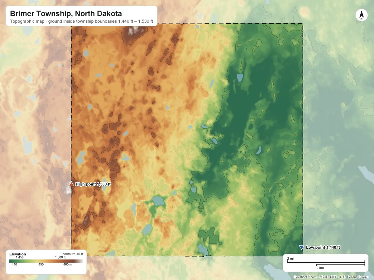 Topographic elevation map of Brimer Township, North Dakota, shaded from 1,440 ft on the southeast side to 1,530 ft on the west side