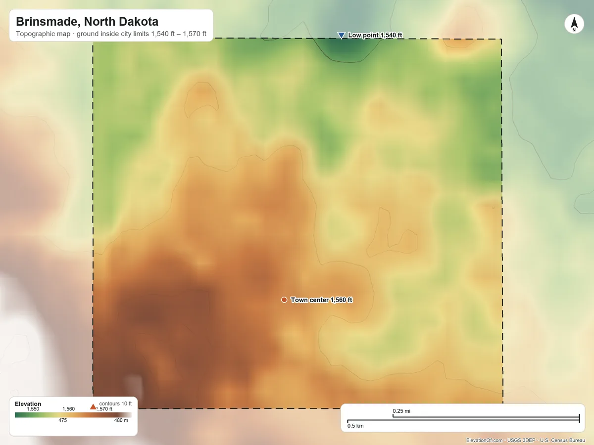 Topographic elevation map of Brinsmade, North Dakota, shaded from 1,540 ft on the north side to 1,570 ft on the southwest side