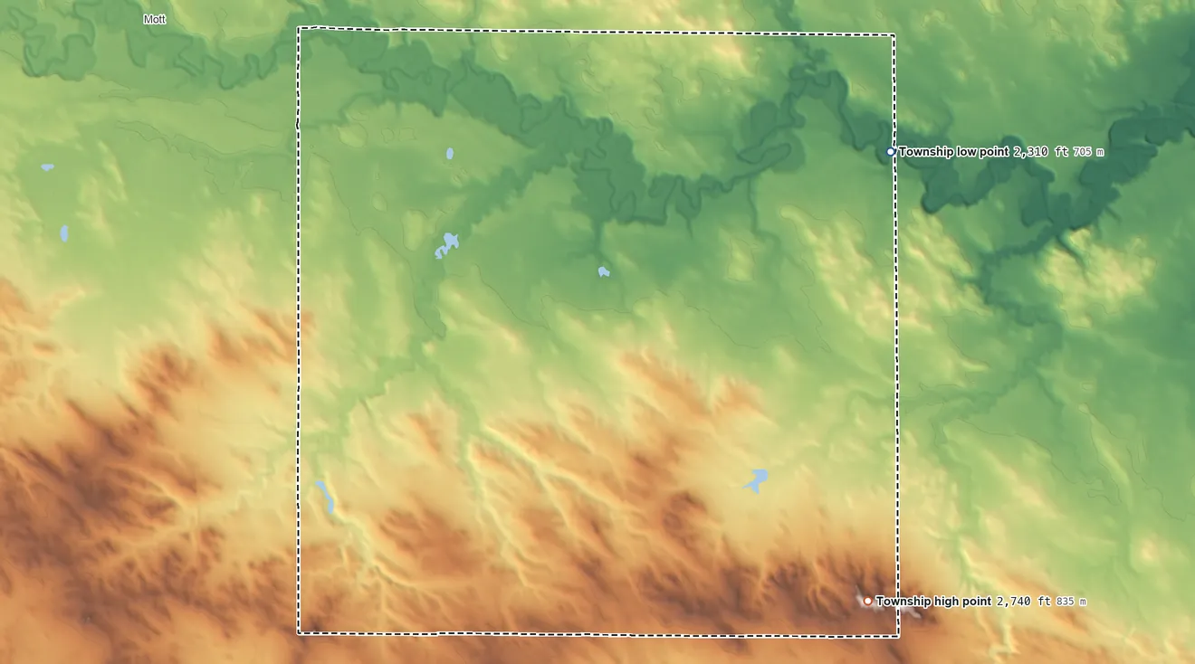 Topographic elevation map of Brittian Township, North Dakota, shaded from 2,310 ft on the east side to 2,740 ft on the southeast side