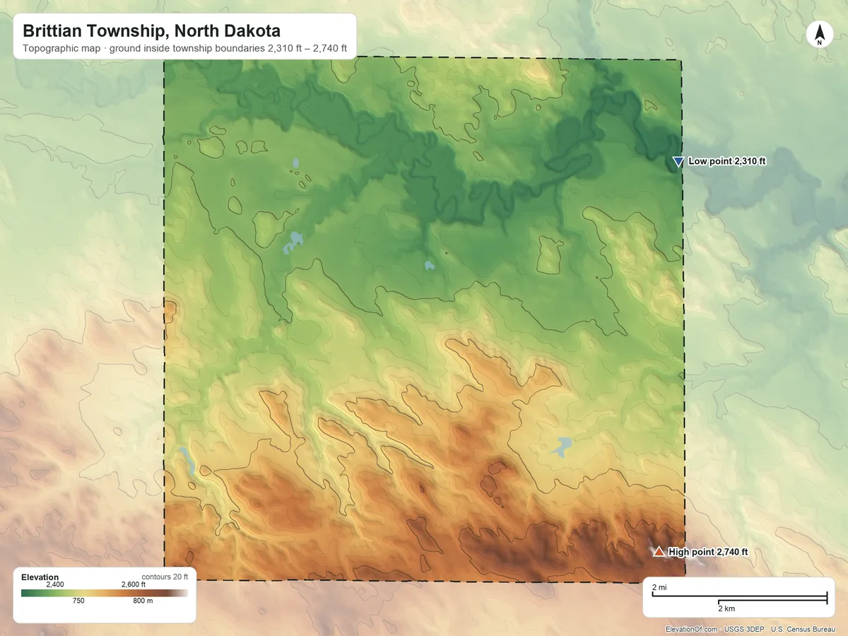 Topographic elevation map of Brittian Township, North Dakota, shaded from 2,310 ft on the east side to 2,740 ft on the southeast side