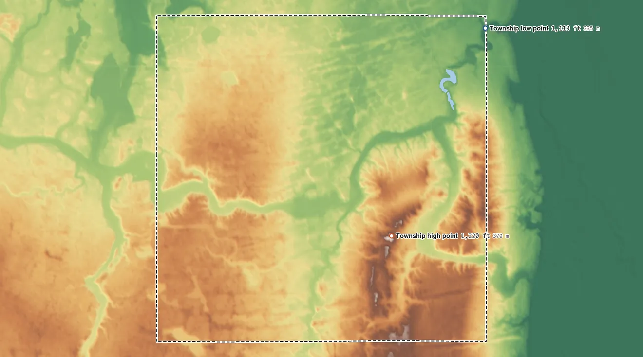 Topographic elevation map of Broadlawn Township, North Dakota, shaded from 1,110 ft on the northeast side to 1,220 ft on the southeast side