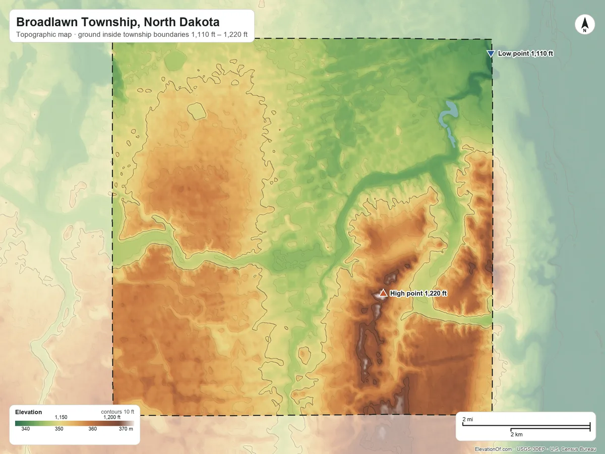 Topographic elevation map of Broadlawn Township, North Dakota, shaded from 1,110 ft on the northeast side to 1,220 ft on the southeast side