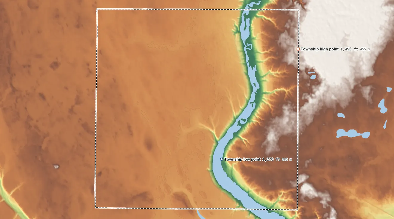 Topographic elevation map of Broadview Township, North Dakota, shaded from 1,270 ft on the south side to 1,490 ft on the northeast side