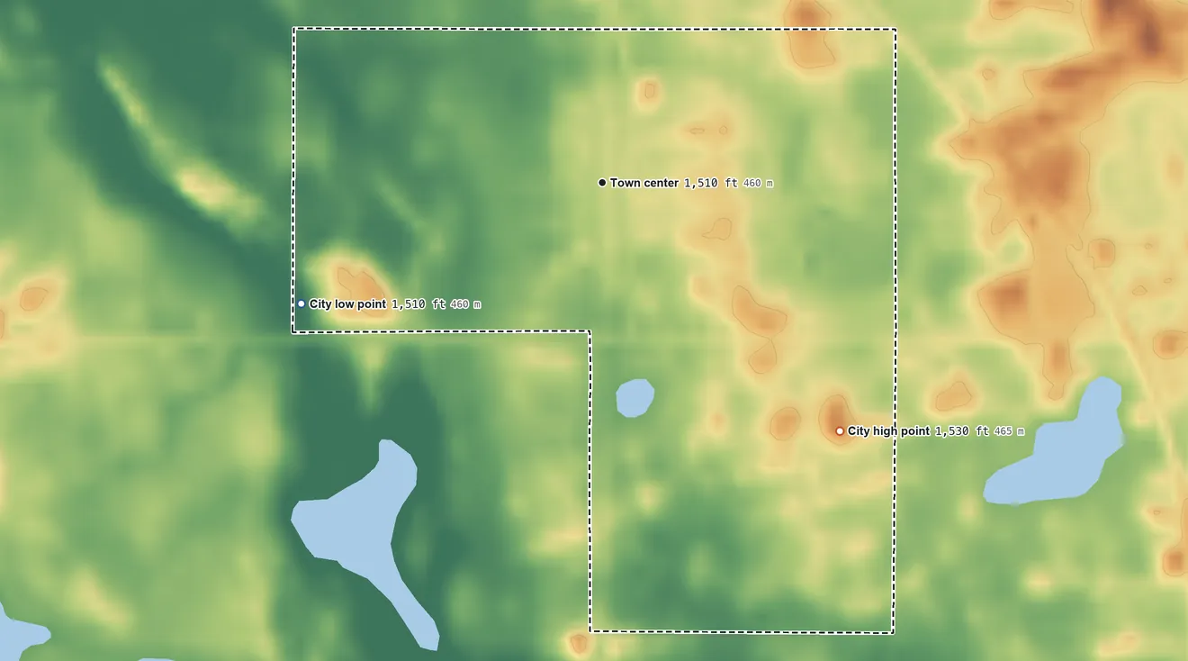 Topographic elevation map of Brocket, North Dakota, shaded from 1,510 ft on the west side to 1,530 ft on the southeast side