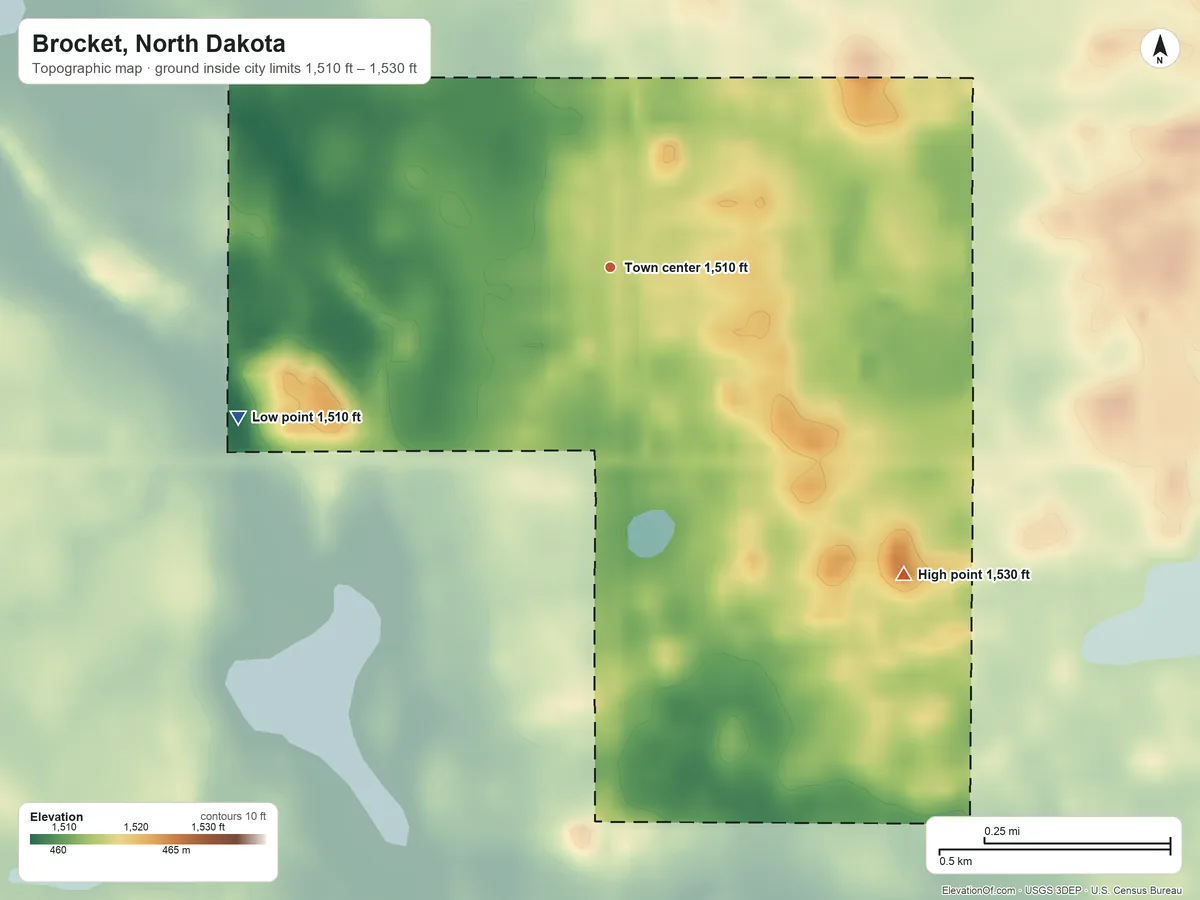 Topographic elevation map of Brocket, North Dakota, shaded from 1,510 ft on the west side to 1,530 ft on the southeast side