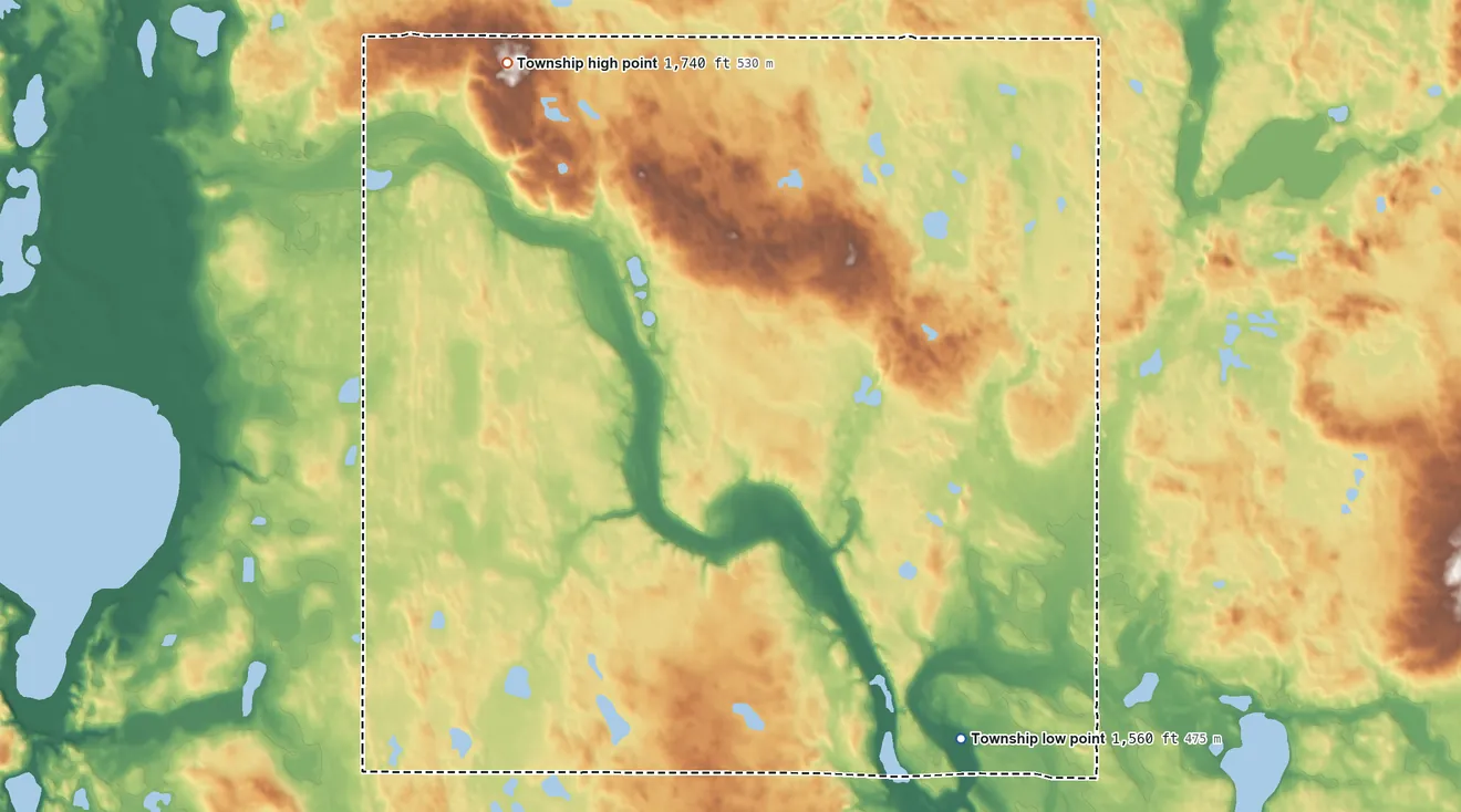 Topographic elevation map of Broe Township, North Dakota, shaded from 1,560 ft on the south side to 1,740 ft on the northwest side