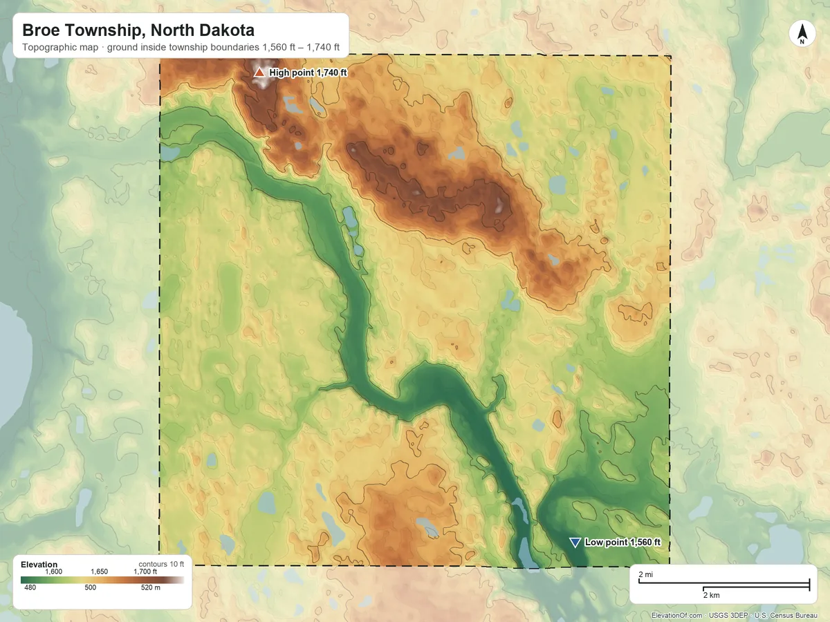 Topographic elevation map of Broe Township, North Dakota, shaded from 1,560 ft on the south side to 1,740 ft on the northwest side