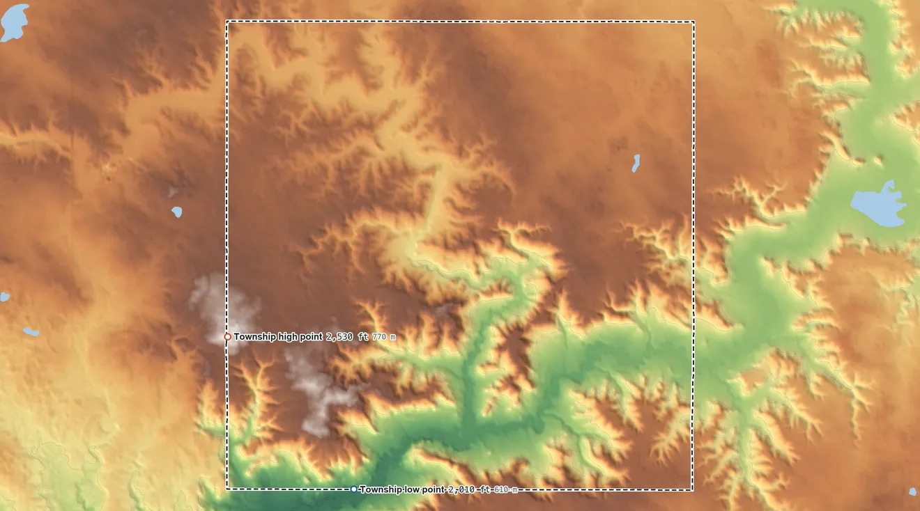 Topographic elevation map of Brookbank Township, North Dakota, shaded from 2,010 ft on the south side to 2,530 ft on the west side