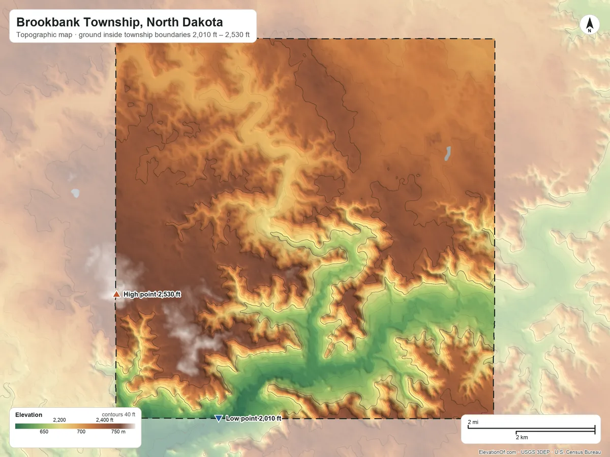 Topographic elevation map of Brookbank Township, North Dakota, shaded from 2,010 ft on the south side to 2,530 ft on the west side