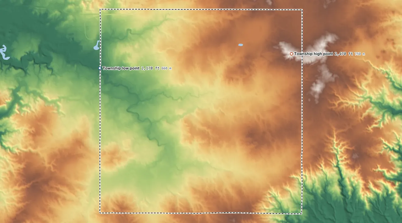 Topographic elevation map of Brooklyn Township, North Dakota, shaded from 2,170 ft on the northwest side to 2,470 ft on the northeast side