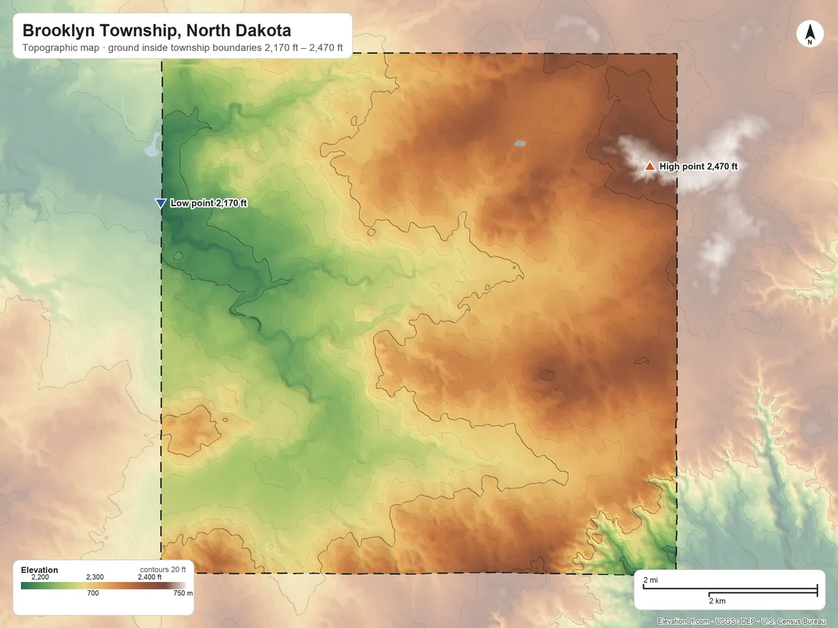 Topographic elevation map of Brooklyn Township, North Dakota, shaded from 2,170 ft on the northwest side to 2,470 ft on the northeast side