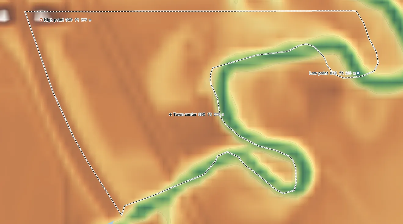 Topographic elevation map of Brooktree Park, North Dakota, shaded from 870 ft on the east side to 900 ft on the northwest side