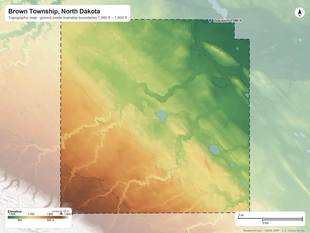 Topographic elevation map of Brown Township, North Dakota, shaded from 1,580 ft on the northeast side to 1,900 ft on the southwest side